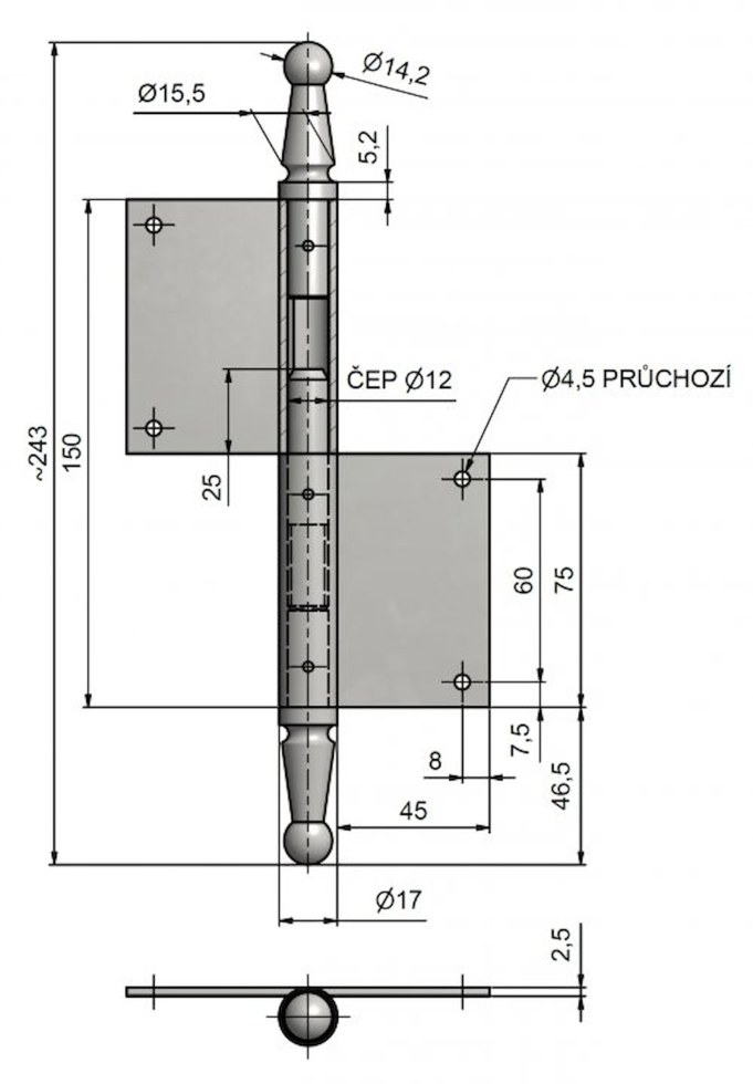 Závěs DV 150 UR 01 L surový čep pr.12mm - Dveřní panty Dveřní panty